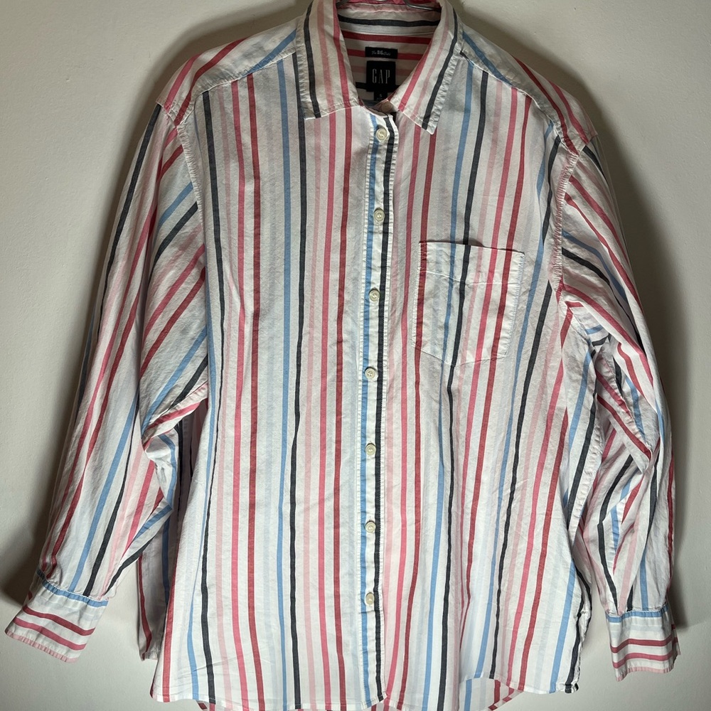 GAP White Button-Up Blouse with Red & Blue Stripes
